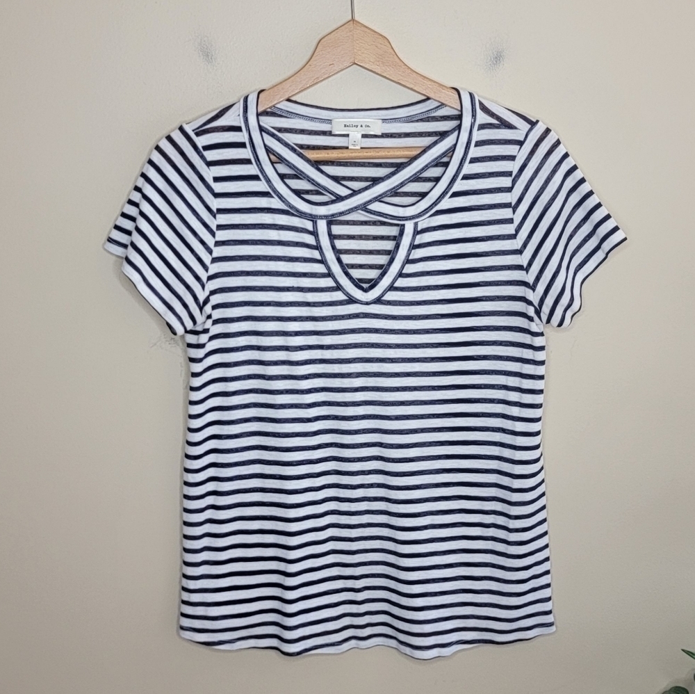 Hailey & Co Navy White Striped Short Sleeve Top with Crossover Neckline